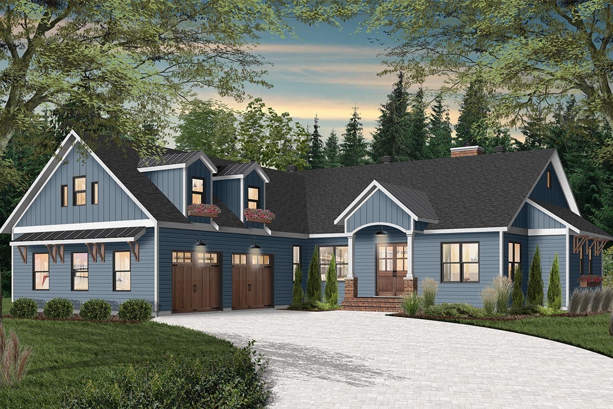House plan exterior: Blue siding, dormers, gable roof, covered porch, and a three-car garage.