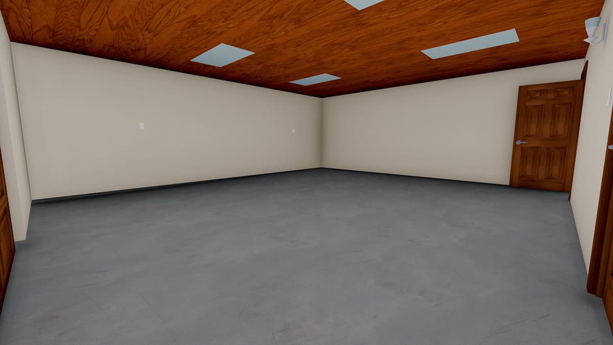 Interior view of empty room with wood paneled ceiling, recessed lighting, concrete floor, and two wood doors.