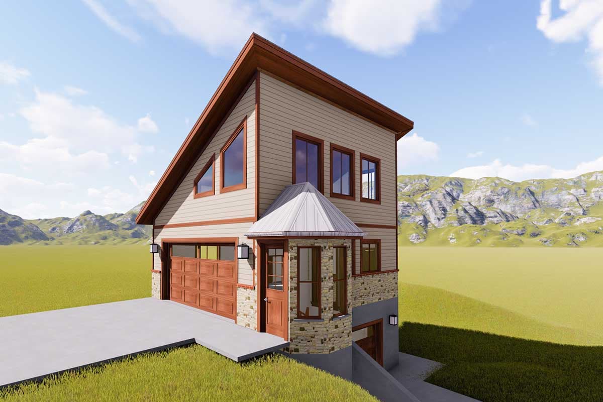 House plan exterior: A two-story house with a steep gable roof, siding, stone accents, and a prominent garage door.