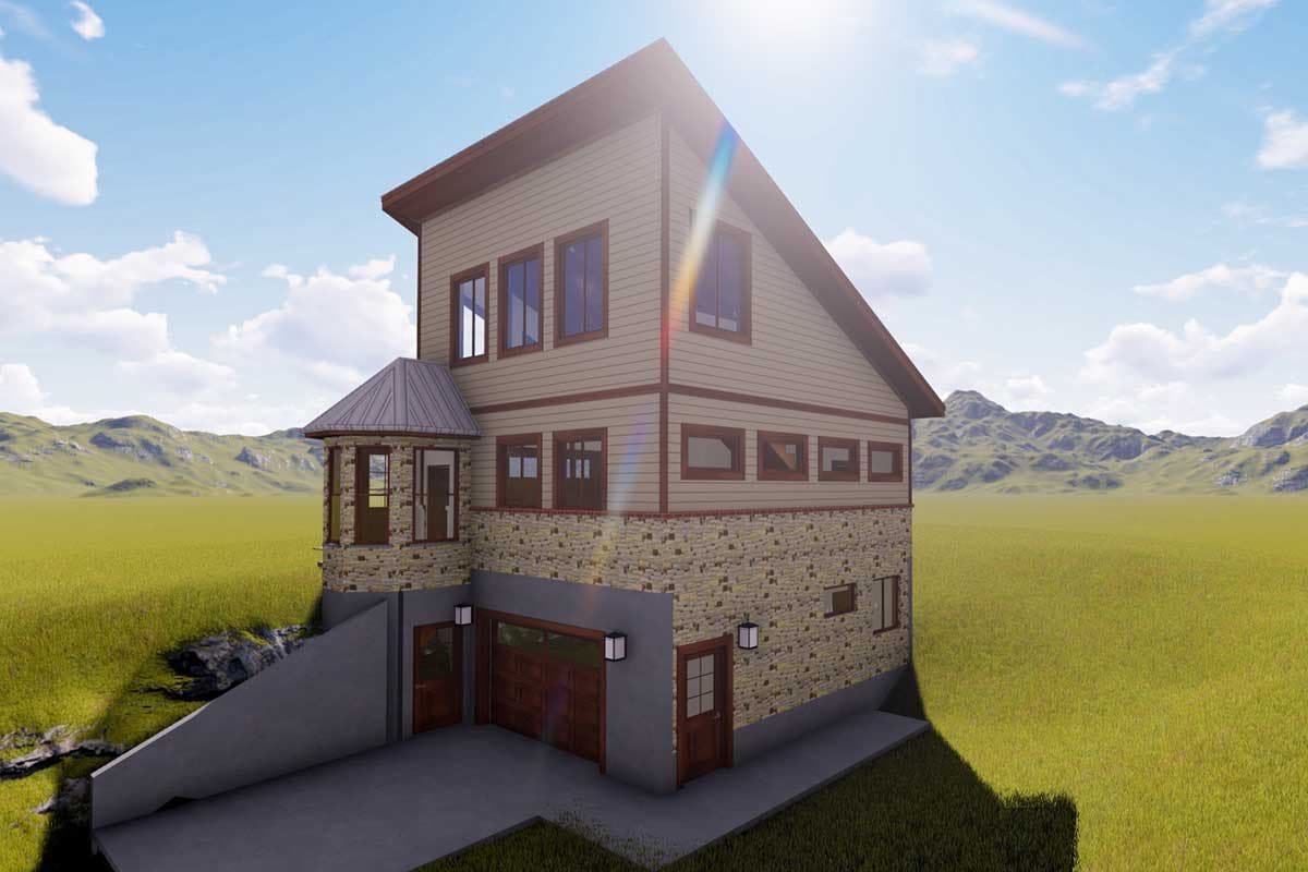 House plan exterior, three stories, stone base, gabled roof, dormer windows, and attached garage.