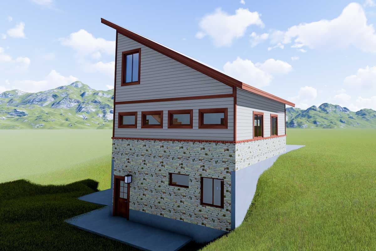 House plan exterior showing a two-story modern home with stone base, horizontal siding, and a prominent asymmetrical roofline.