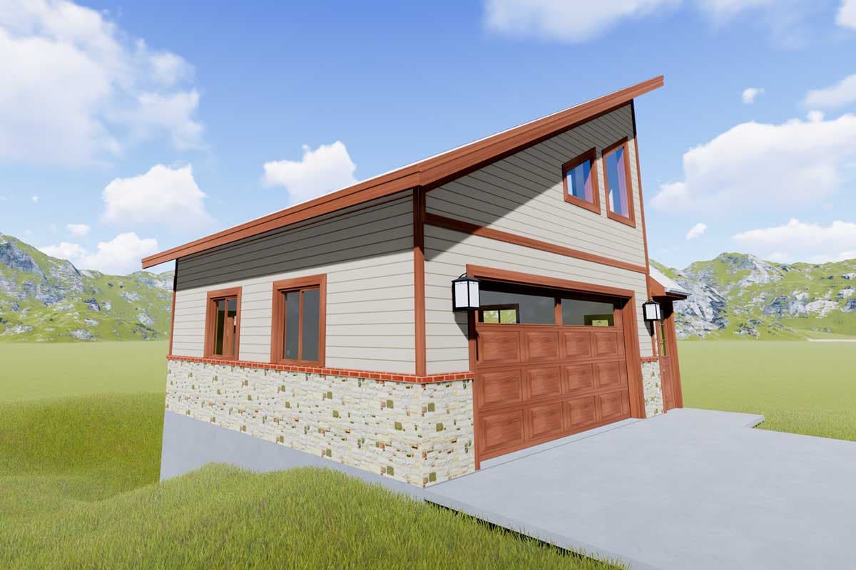 House plan exterior: Two-story garage with stone base, horizontal siding, gable roof, and wood garage door.