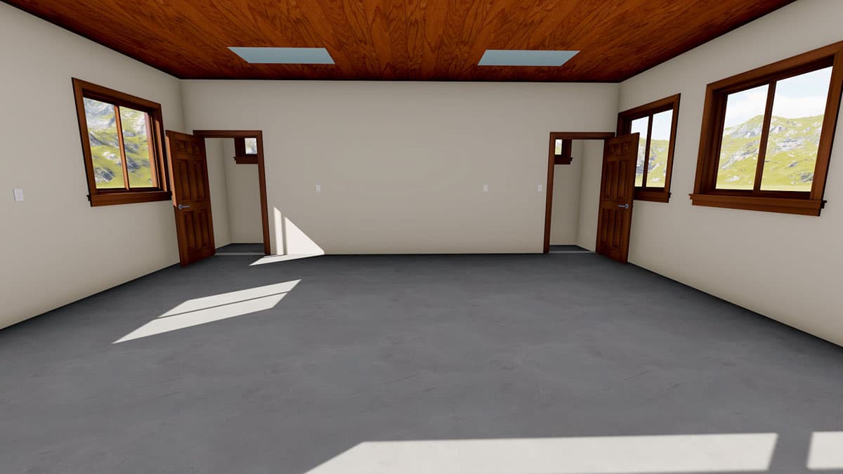 Interior view of empty room with wood-paneled ceiling, two doorways, and windows showing mountainous landscape.