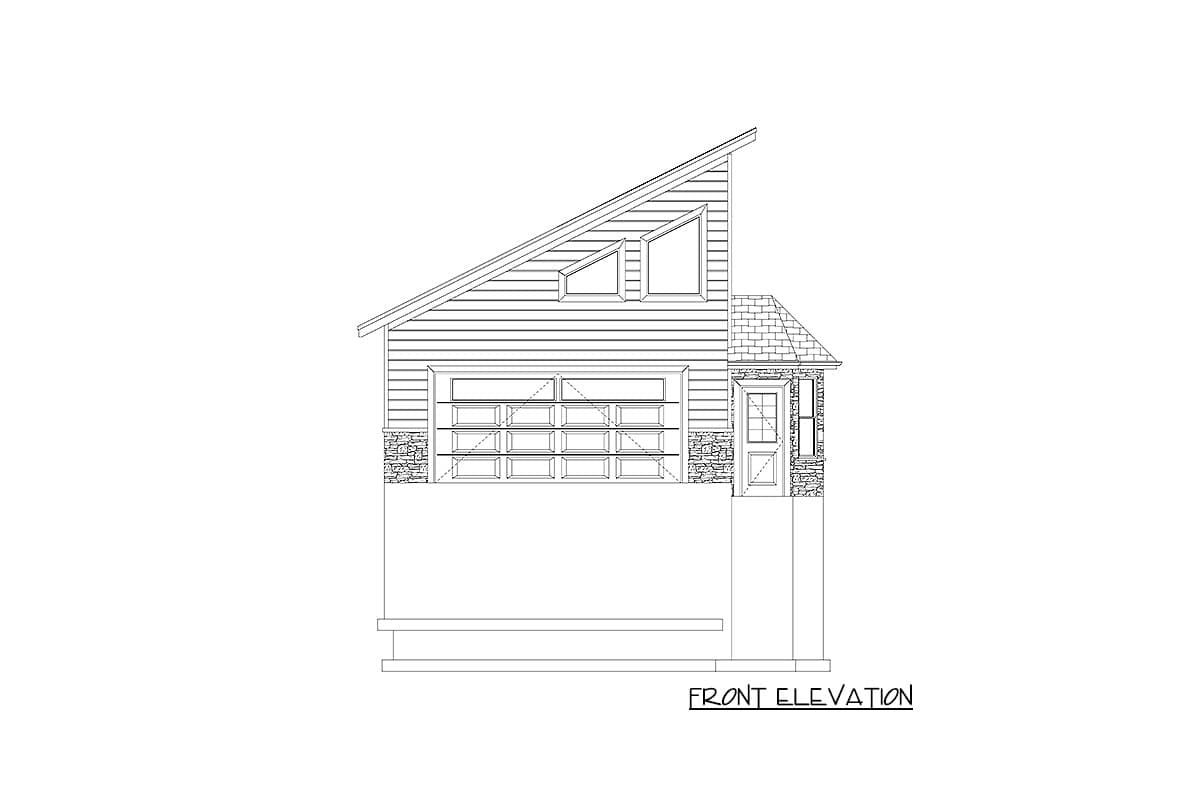 Front elevation drawing of house plan with garage, entry porch, stone accents, and asymmetric roofline with dormer windows.