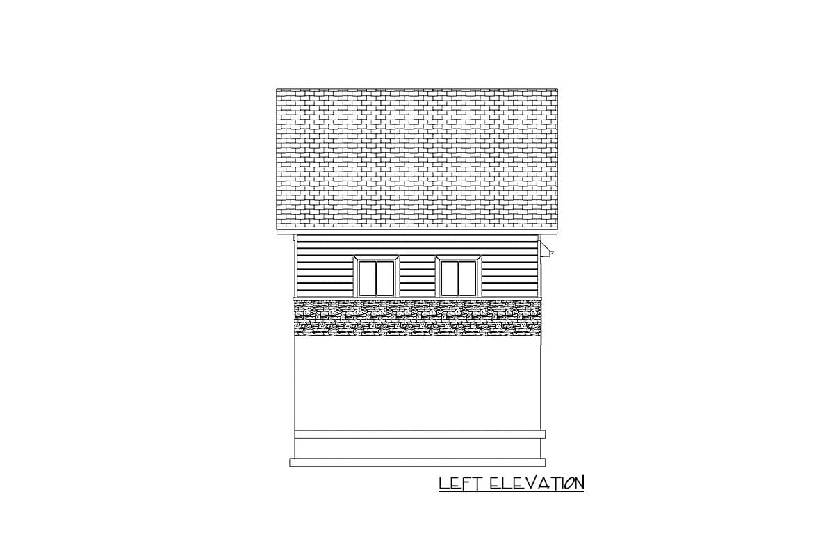 Left elevation drawing shows a pitched roof, horizontal siding above stone veneer, and two windows.