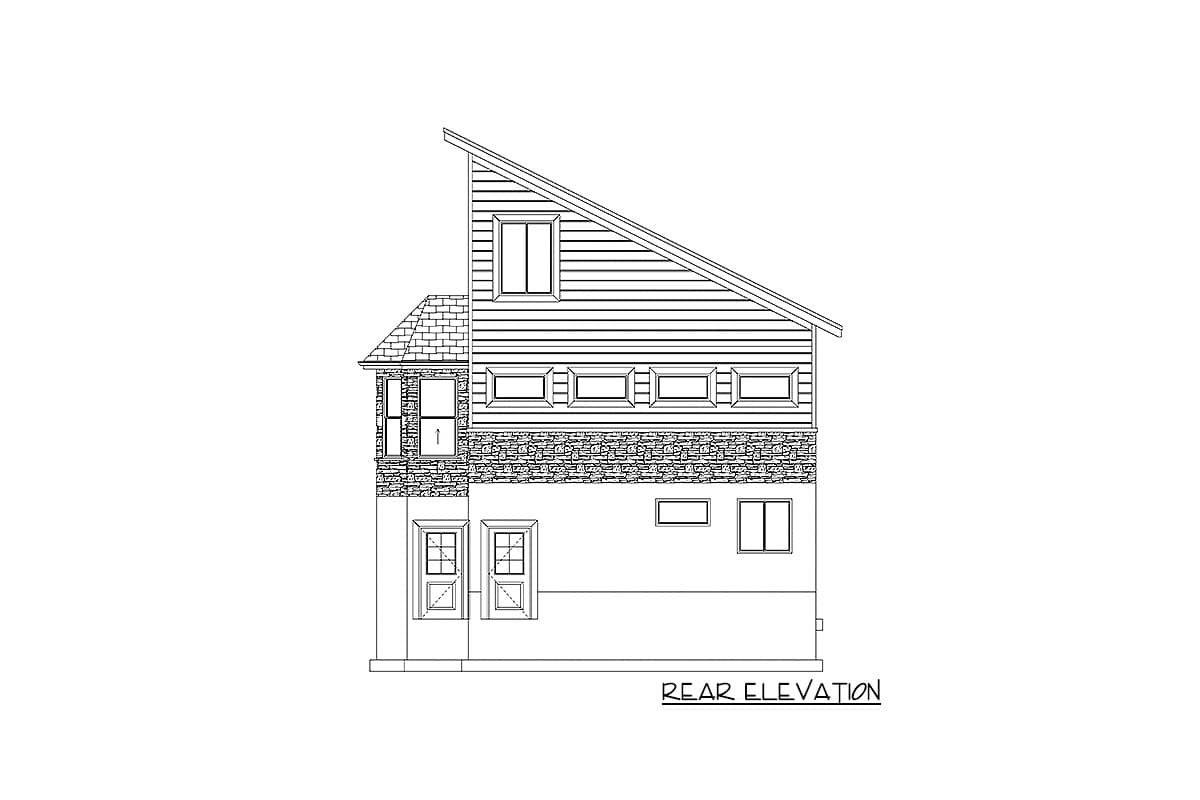 Rear elevation drawing of a two-story house plan with a steep, asymmetrical roof, horizontal siding, stone foundation, and multiple windows.