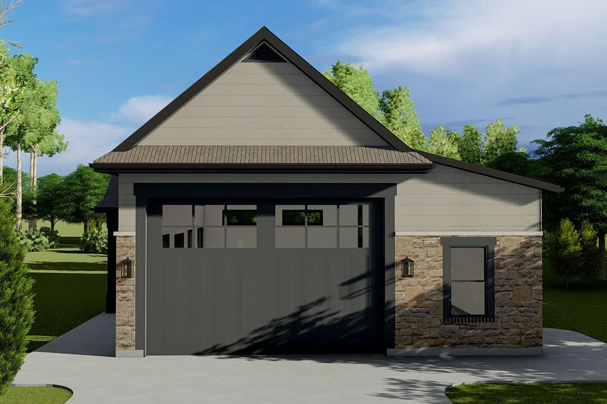House plan exterior: Modern style with a large garage door, stone base, gable roof, and lap siding.