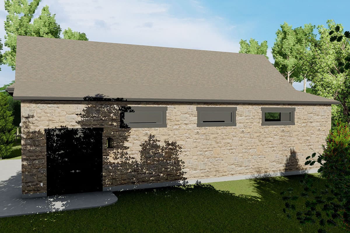 House plan exterior with stone facade, gable roof, dark double garage door, and three horizontal windows.