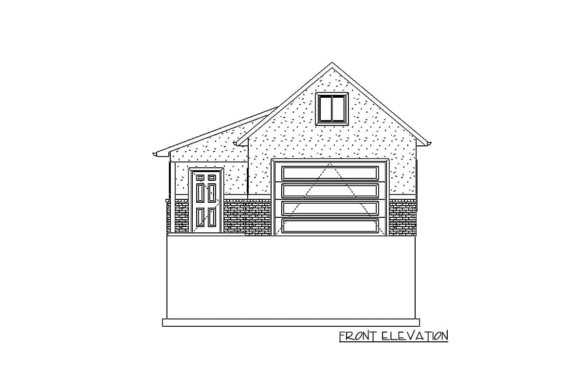 Front elevation drawing of a house with a single garage door, entry door, and upper dormer window.