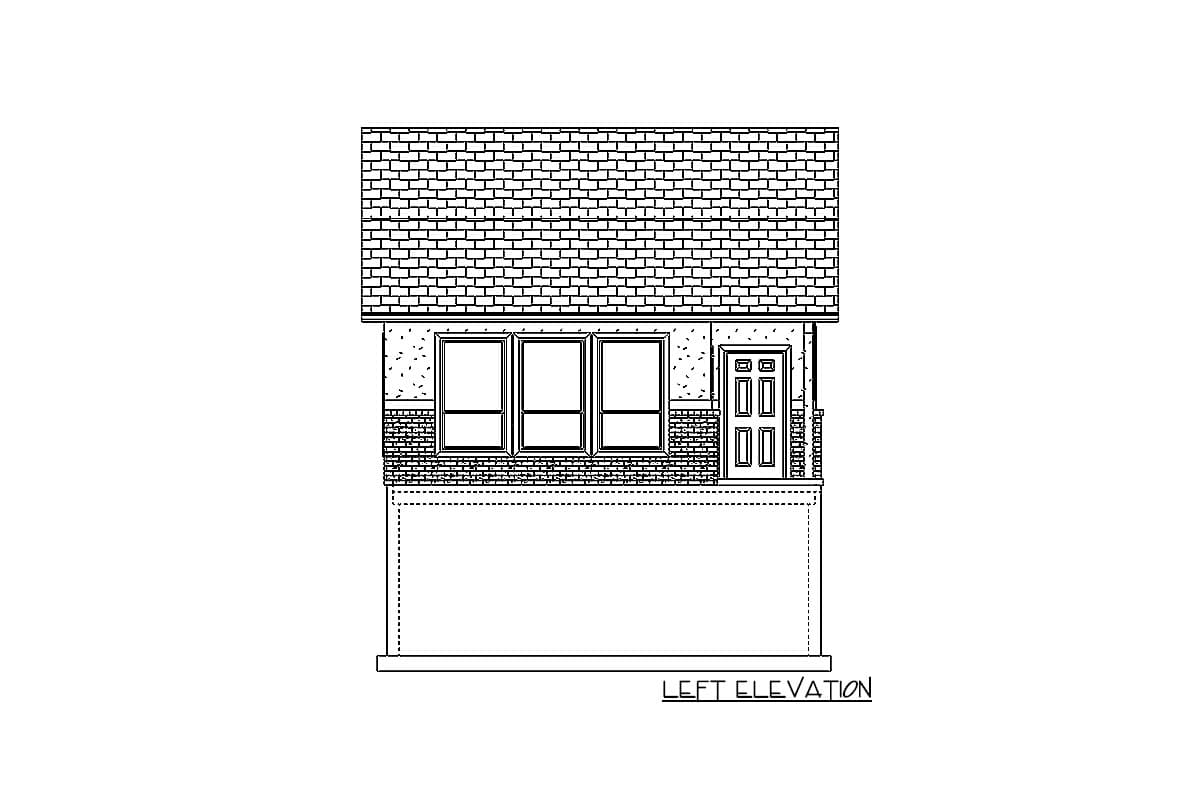 Left elevation drawing of a house plan featuring three windows, a front door, and a brick and stucco exterior.
