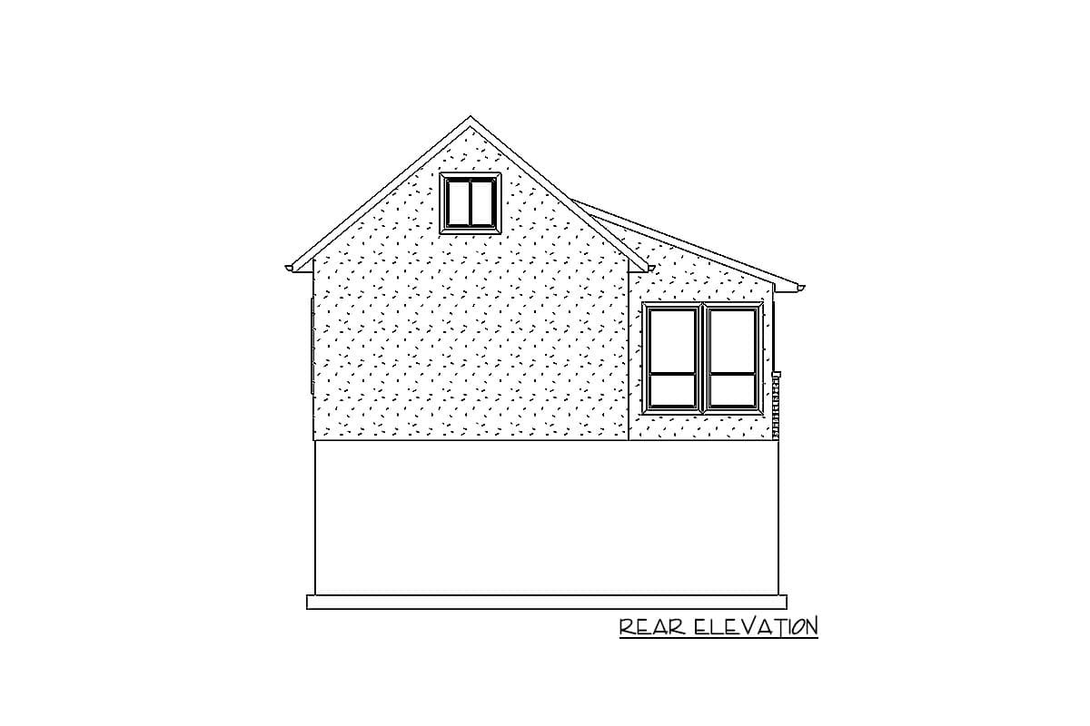 Rear elevation drawing of a two-story house plan with a gable and shed roof, showing two windows on the upper level.