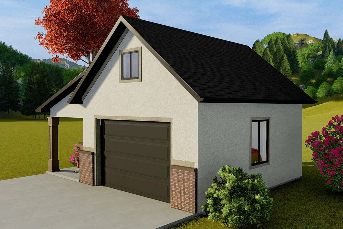 House plan exterior: Two-story garage with covered entry, dark garage door, brick base, and gable dormer.
