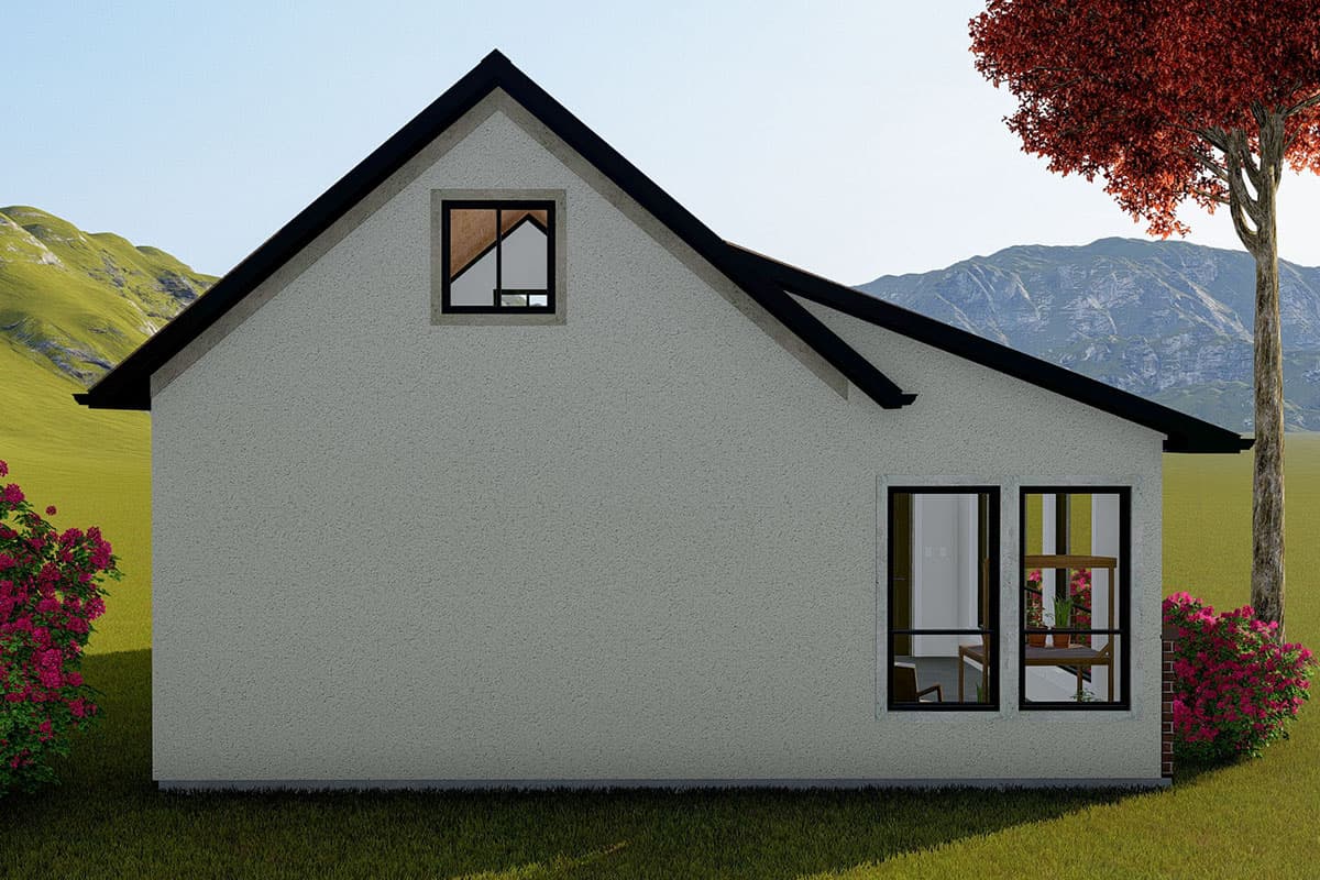 House plan exterior with a gable roof, stucco finish, a dormer window, and two rectangular windows on the side.
