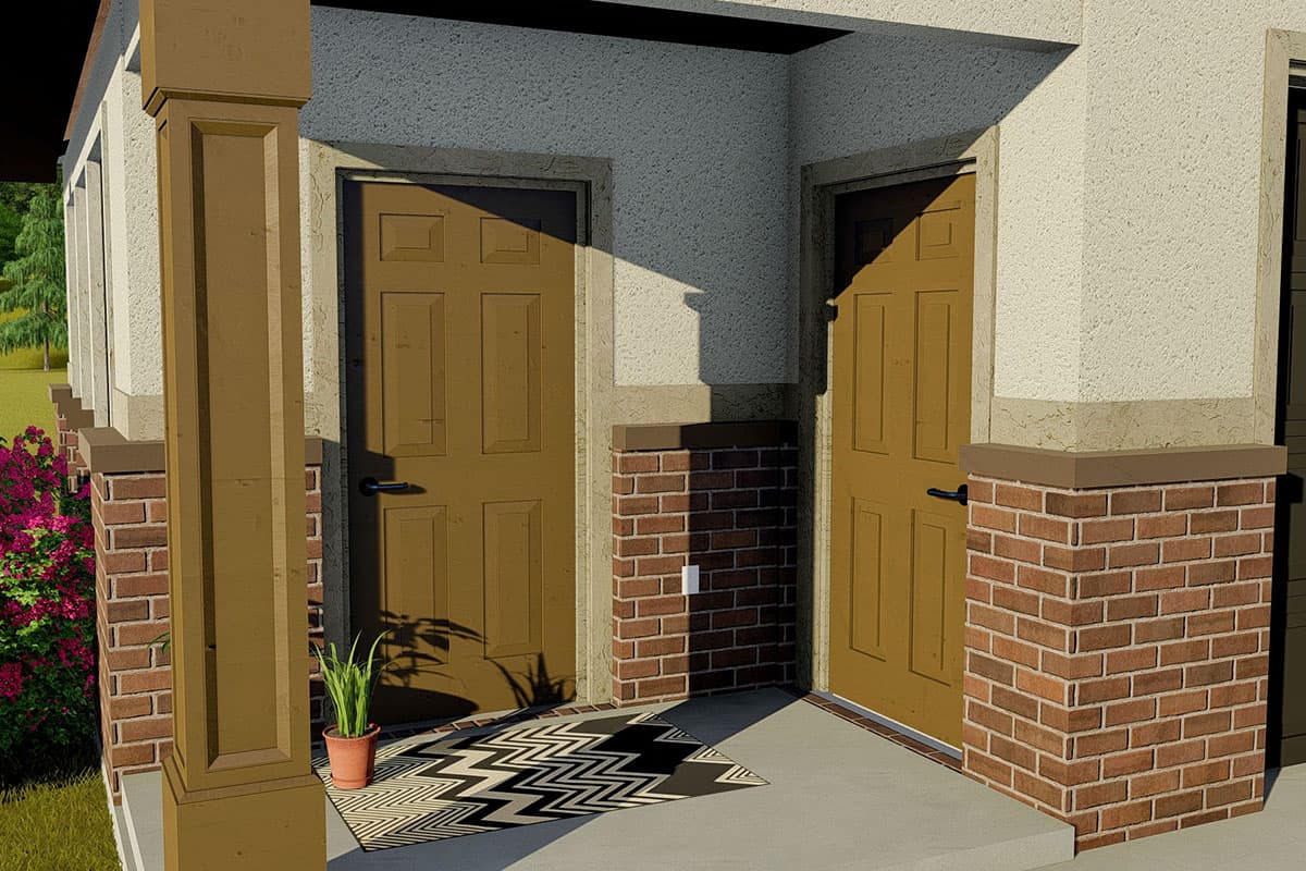 House plan exterior showing two adjacent doors with brick bases and a prominent column, detailed trim, and stucco walls.