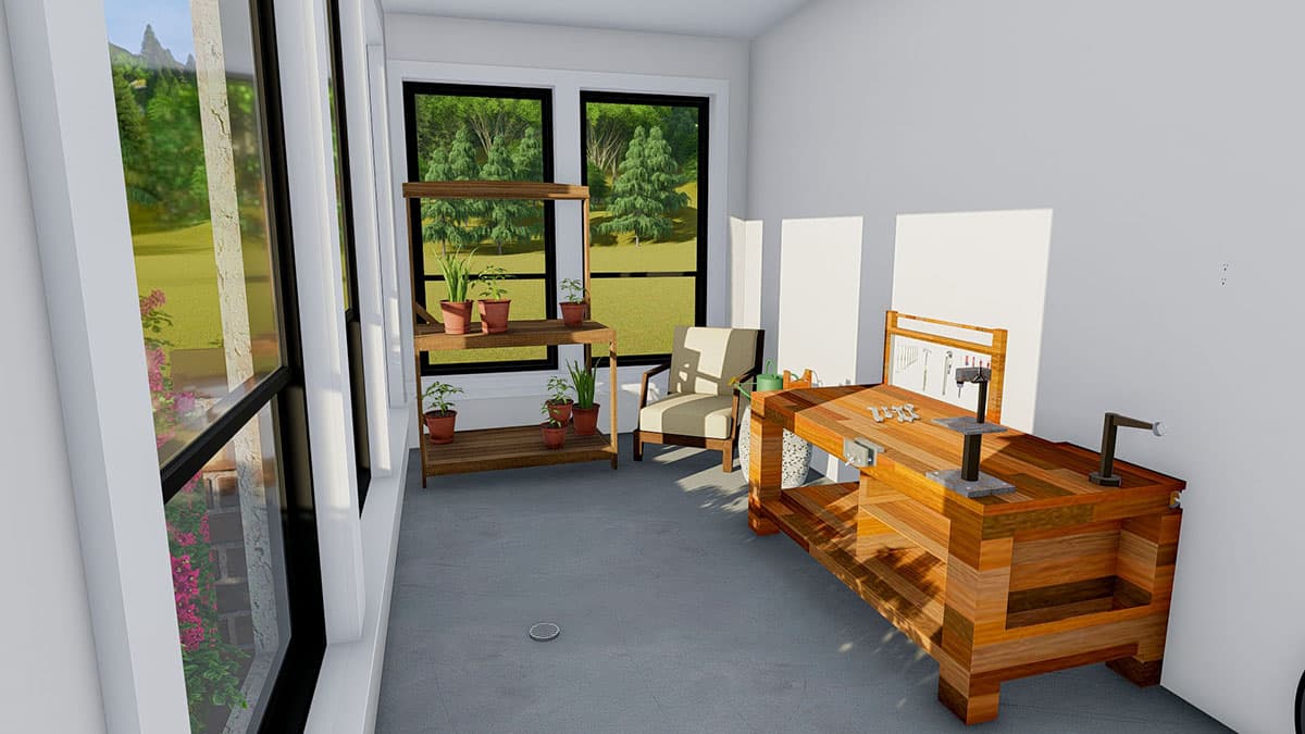 Sunroom with workbench, plant shelf, and chair.