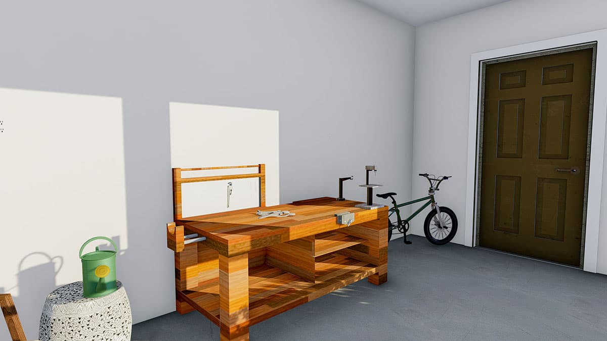 Workshop interior with wooden workbench, bicycle, and paneled door.
