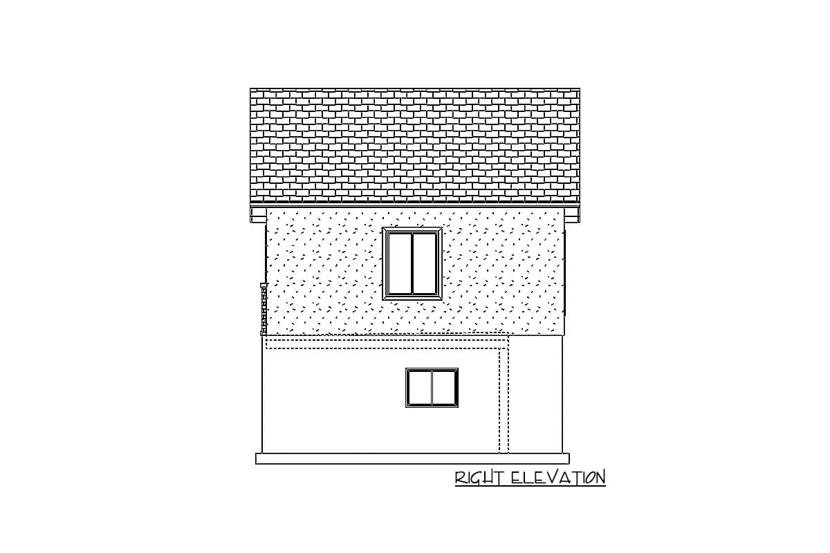Right elevation of a house plan showing a gabled roof, two windows, and textured siding on the upper level.