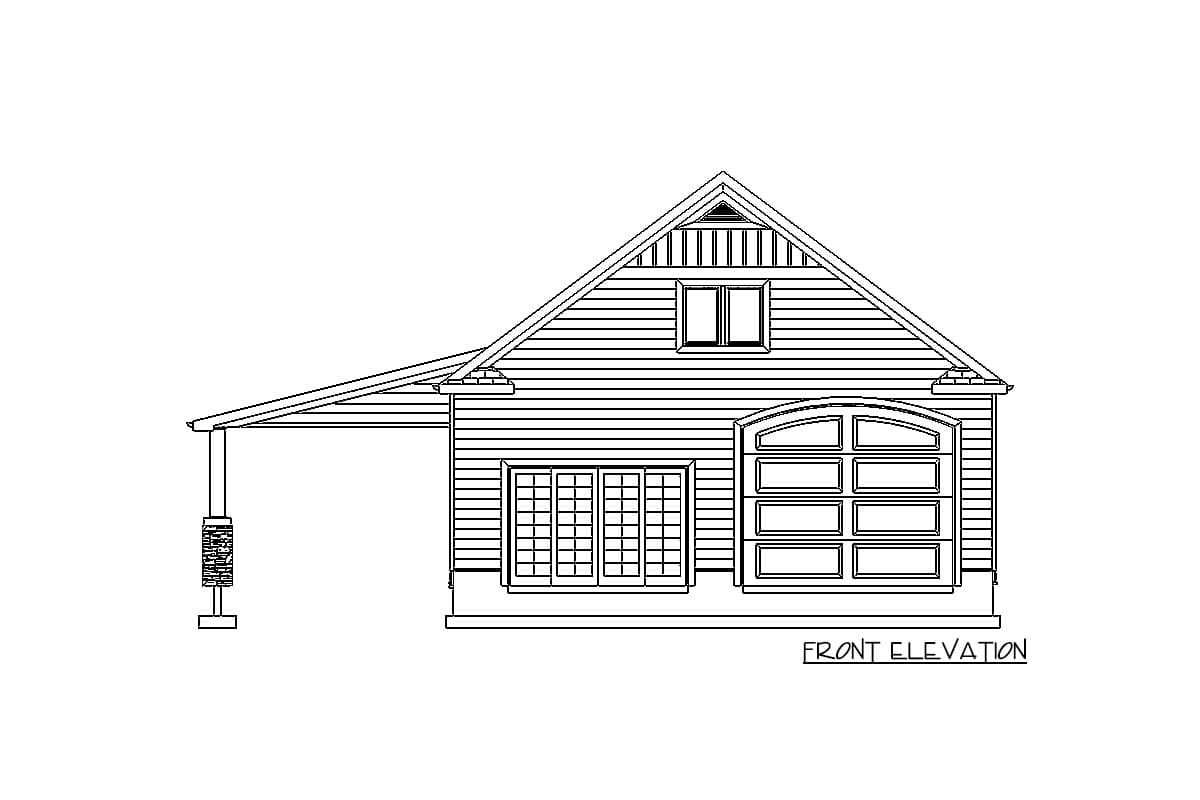 Front elevation of a house plan with horizontal siding, a covered porch, double doors, a multi-panel garage door, and a gable dormer.
