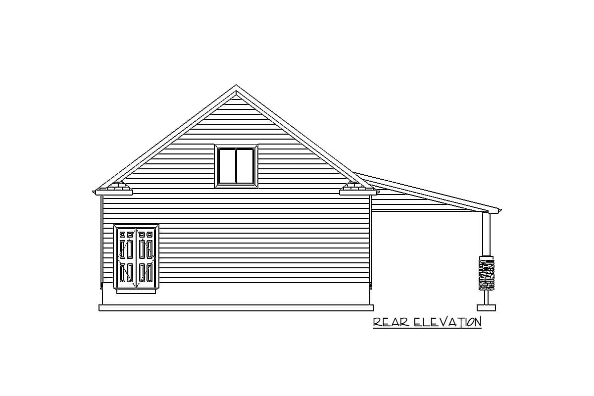 Rear elevation of a house plan featuring horizontal siding, a gable roof, a dormer window, double doors, and a covered porch with stone-clad columns.