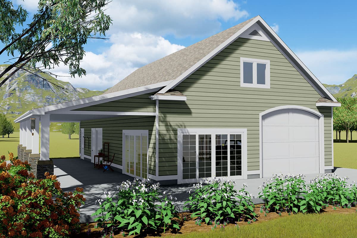 House plan exterior with gable roof, covered porch, and arched garage door. Green siding and multiple windows.