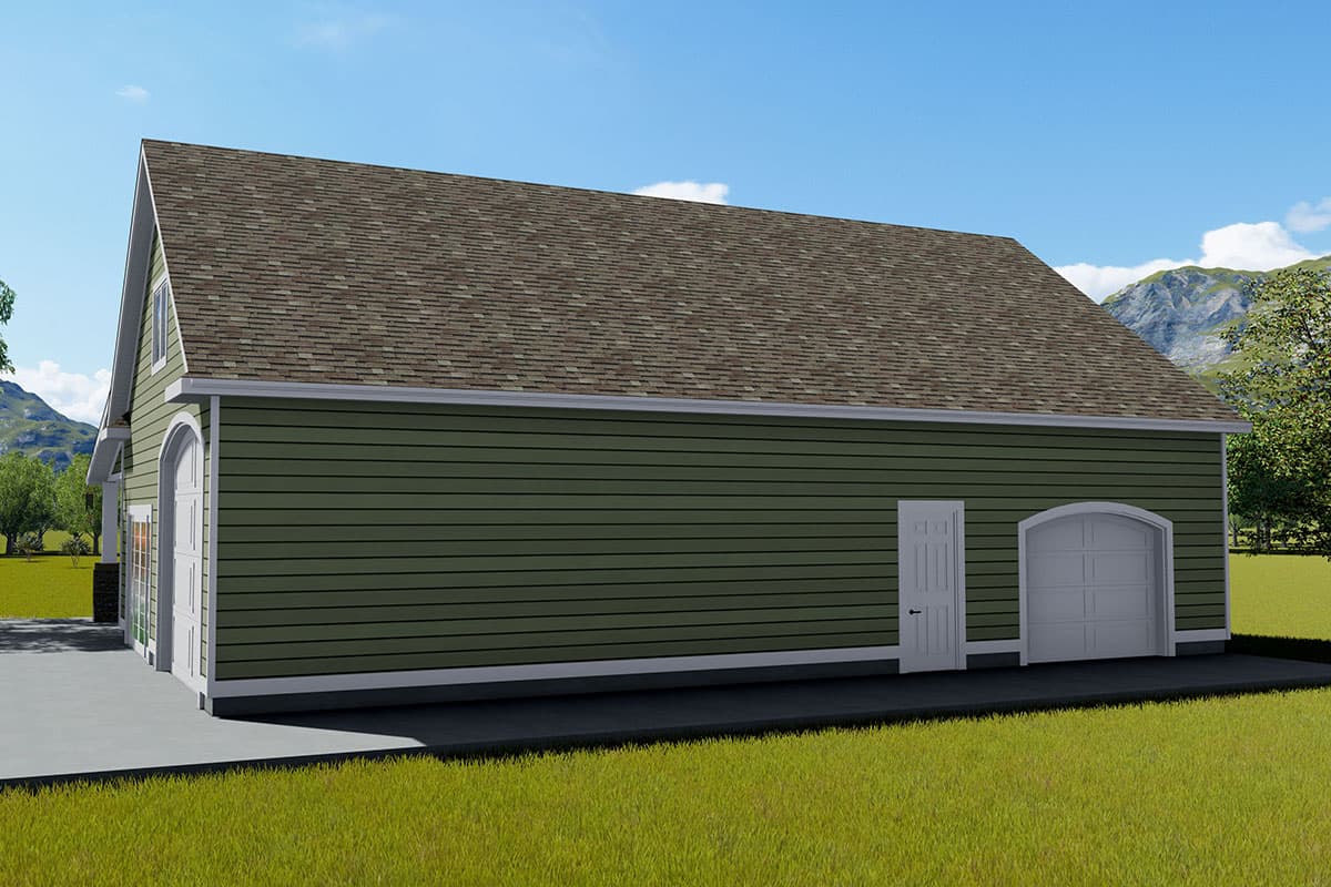 House plan exterior featuring a gambrel roof, horizontal siding, an arched garage door, and a pedestrian door.