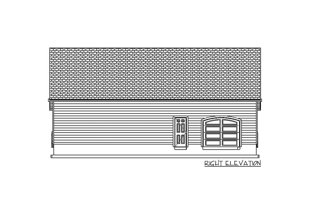 Right elevation house plan showing horizontal siding, a front door, and an arched garage door with multiple panels.