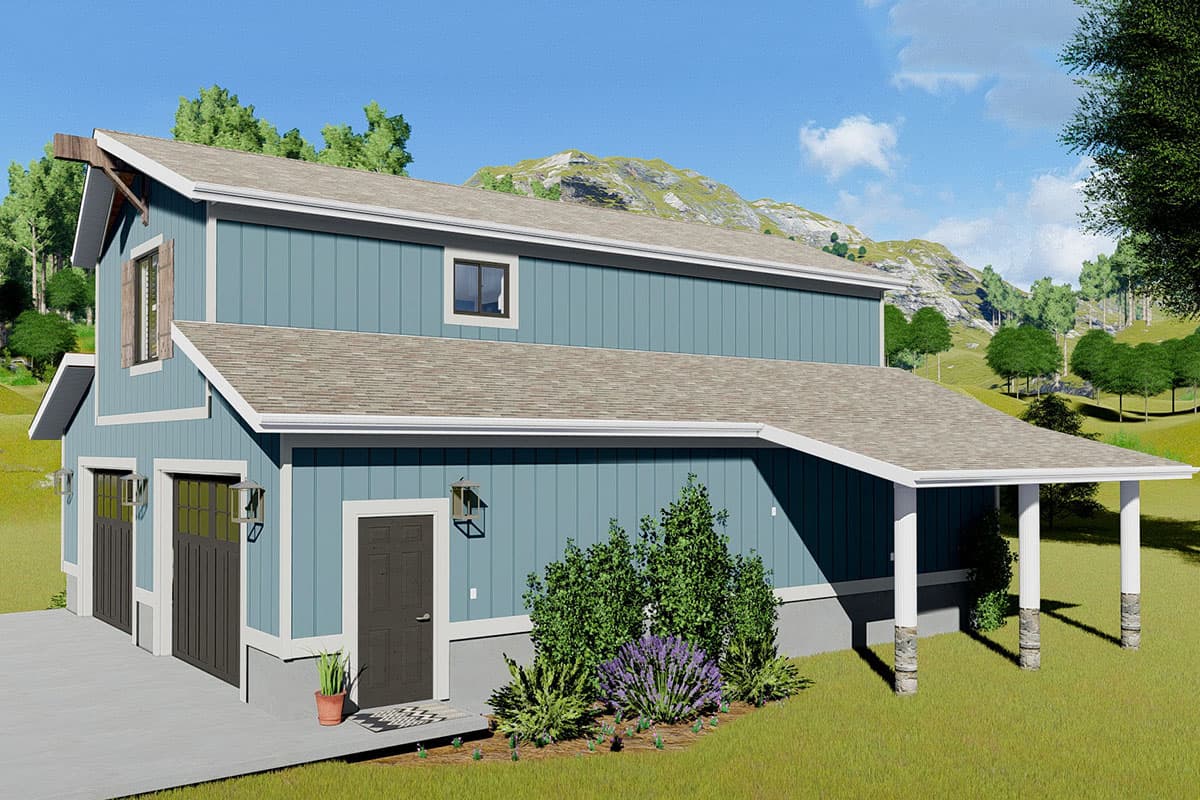 Plan 61320UT: 1-Bed Barndominium with 3-Car Garage on Ground Level - Image #7 - Barndominium, Carriage, Rustic