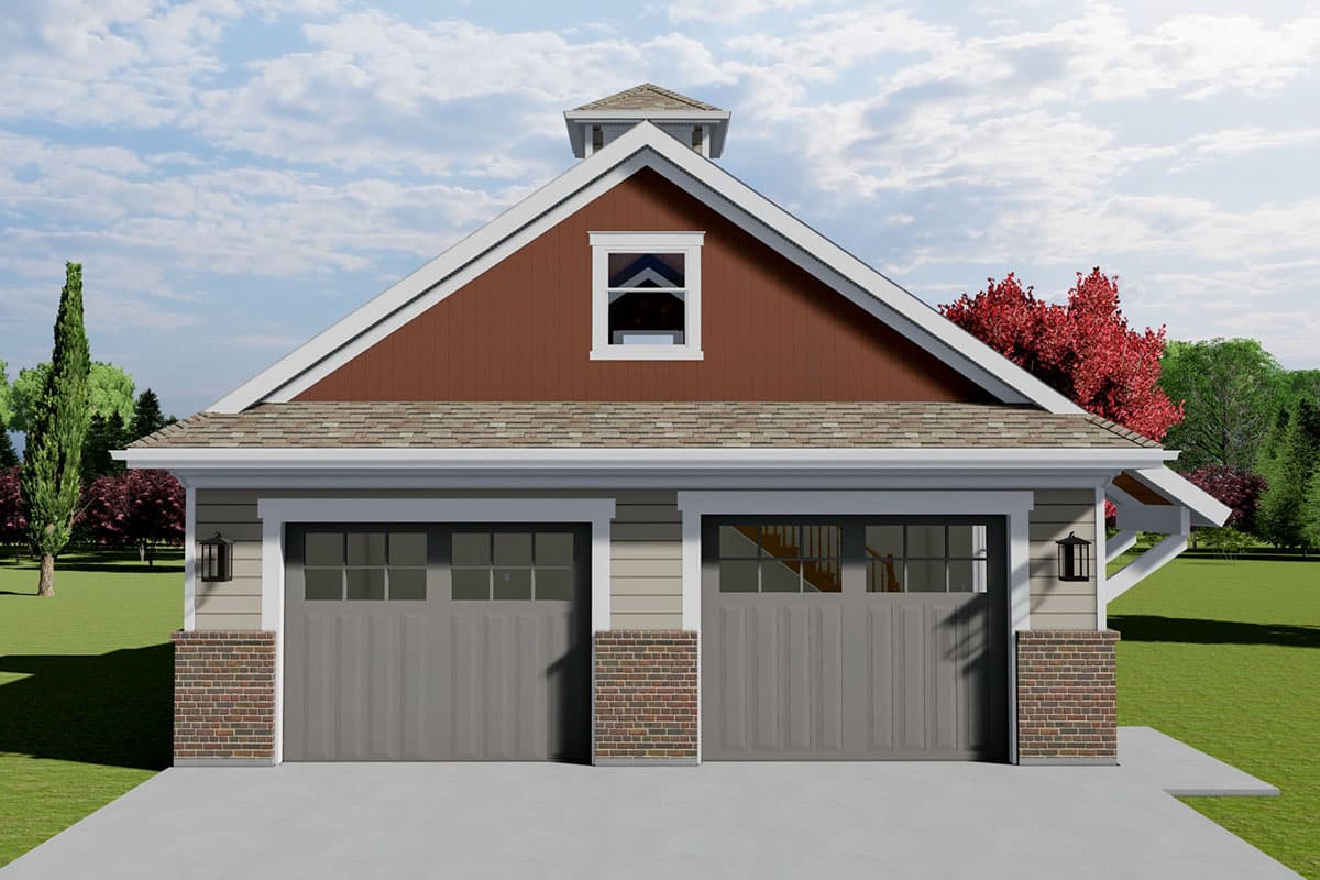 House plan exterior with two-car garage. Features include a gable roof, dormer, and brick accents. Craftsman style.