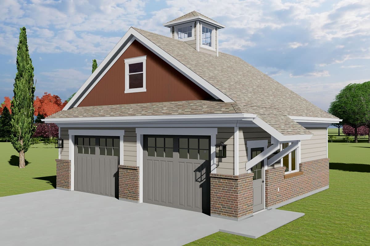 House plan exterior of a two-car garage with a dormer, brick accents, and a cupola.