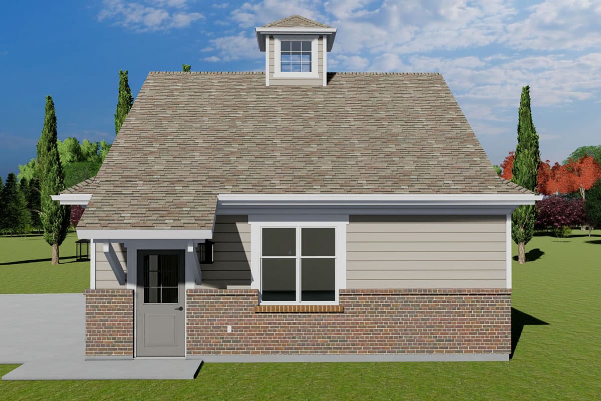 House plan exterior: One-story, Modern Farmhouse style with brick base, gabled roof, dormer, and covered entry.