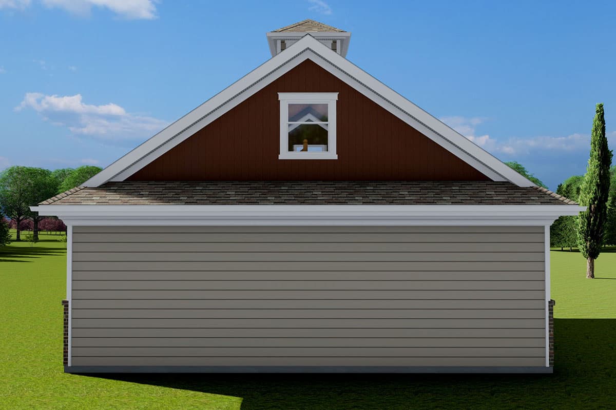 House plan exterior with horizontal siding, a gable end, a dormer window, and a cupola atop the roof.