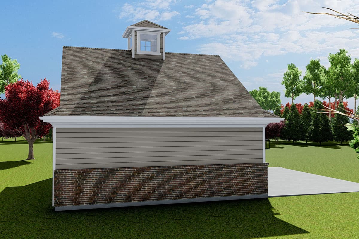 House plan exterior: one-story structure with gable roof, siding, brick base, and dormer.