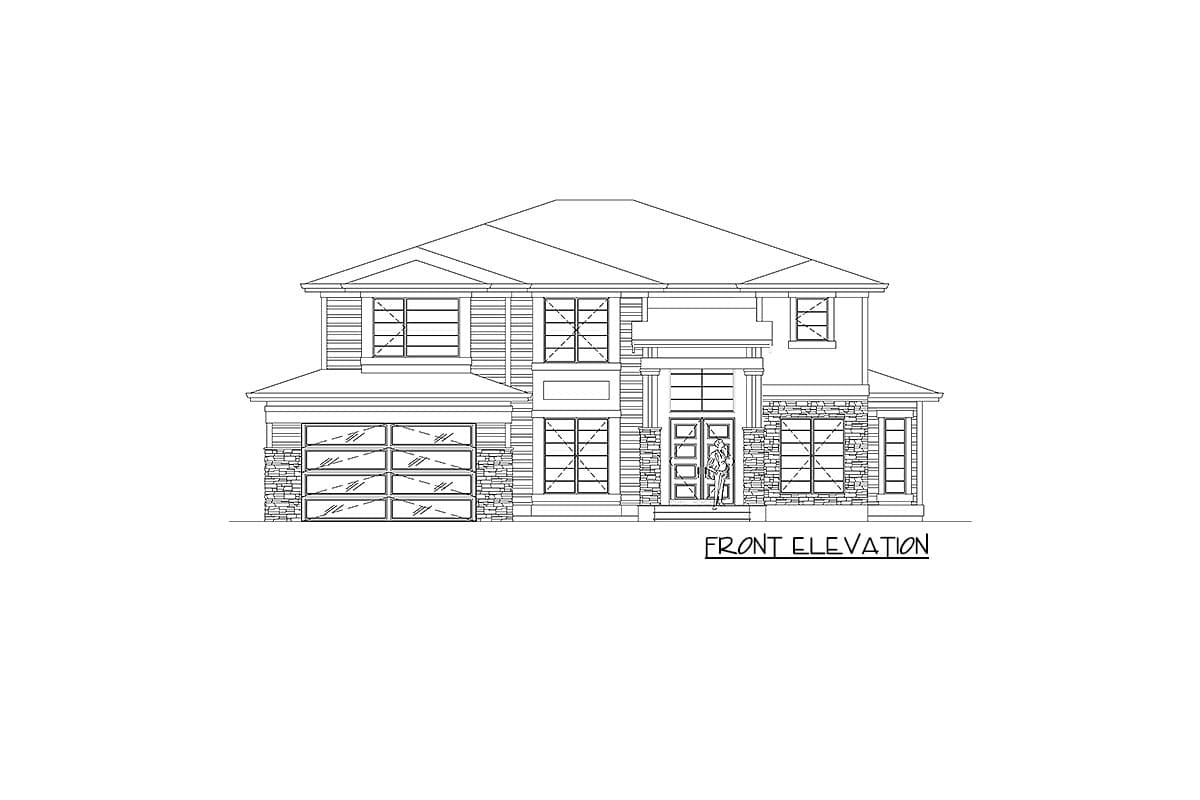 Front elevation drawing of a two-story house with a multi-pane garage door, large windows, and stone accents.