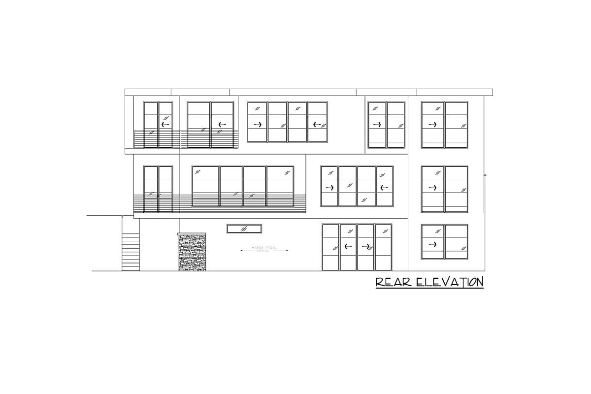 Rear elevation drawing of a three-story house plan with numerous windows and balconies.