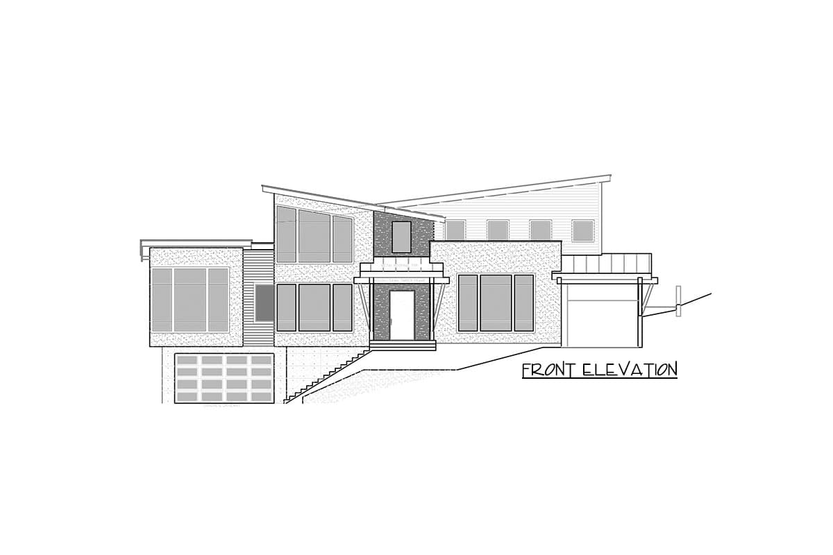 Front elevation drawing of a multi-story modern house with a sloped roof, multiple large windows, and an attached garage.