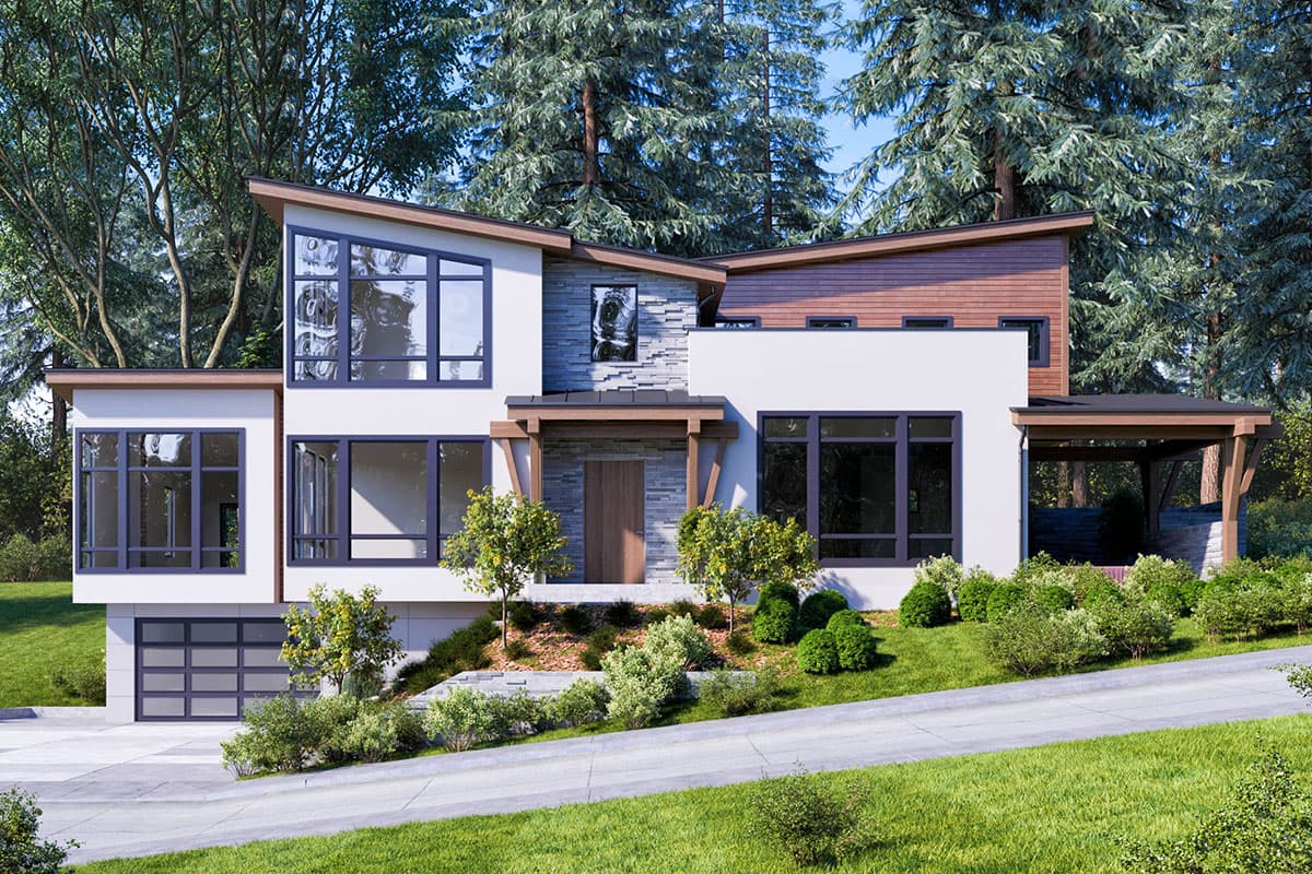 House plan exterior. Modern style, two-story home with flat and shed rooflines. Features include covered entry, large windows, and a detached carport.