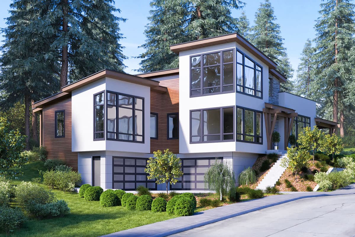 Modern house plan exterior: two stories, wood siding, stucco, large windows, and two-car garage doors.