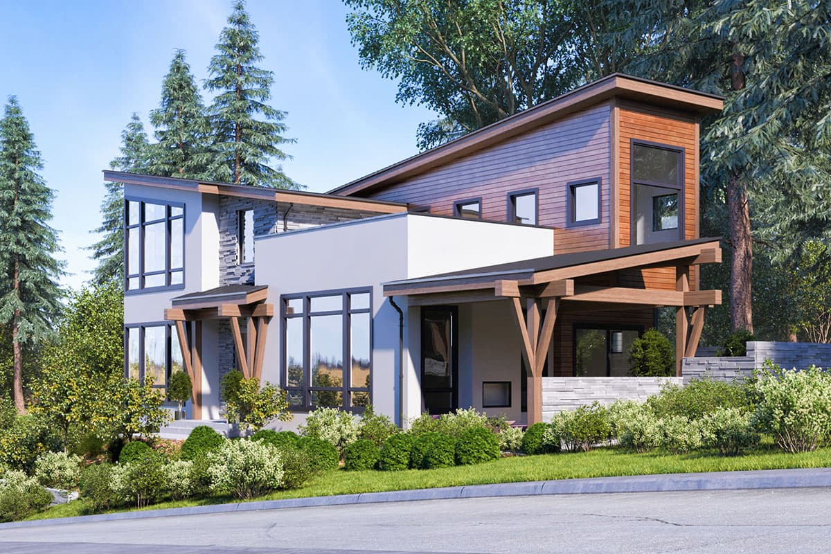 Modern two-story house plan exterior with cantilevered rooflines, wood siding, stone accents, and large windows.