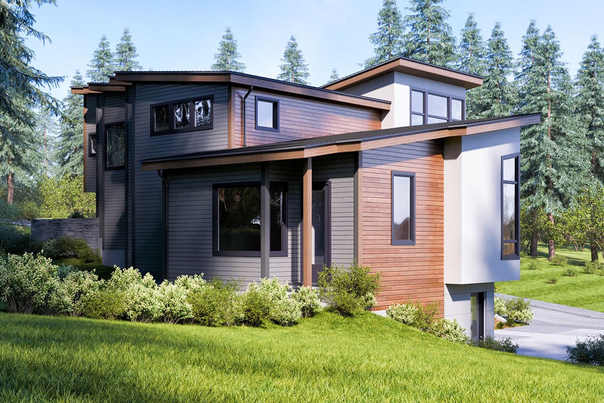 Modern house plan exterior with a cantilevered section, wood and siding cladding, and asymmetrical rooflines. A covered entry is visible.