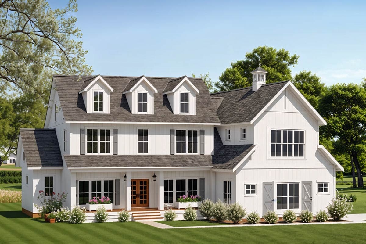 Modern Farmhouse house plan exterior with a prominent gable, dormers, and a covered front porch with double entry doors.