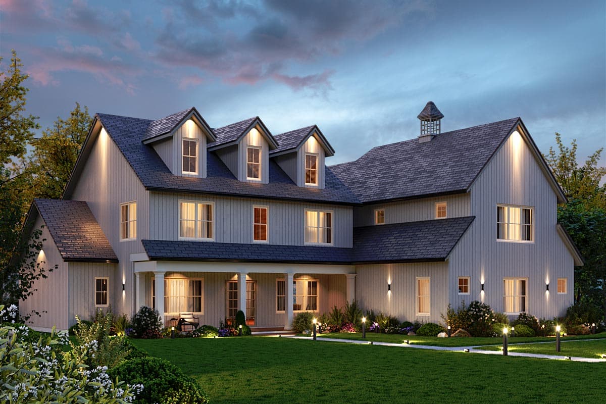 House plan exterior. Two-story Modern Farmhouse with dormers, a covered porch, and a gabled roof. Vertical siding and a cupola are visible.