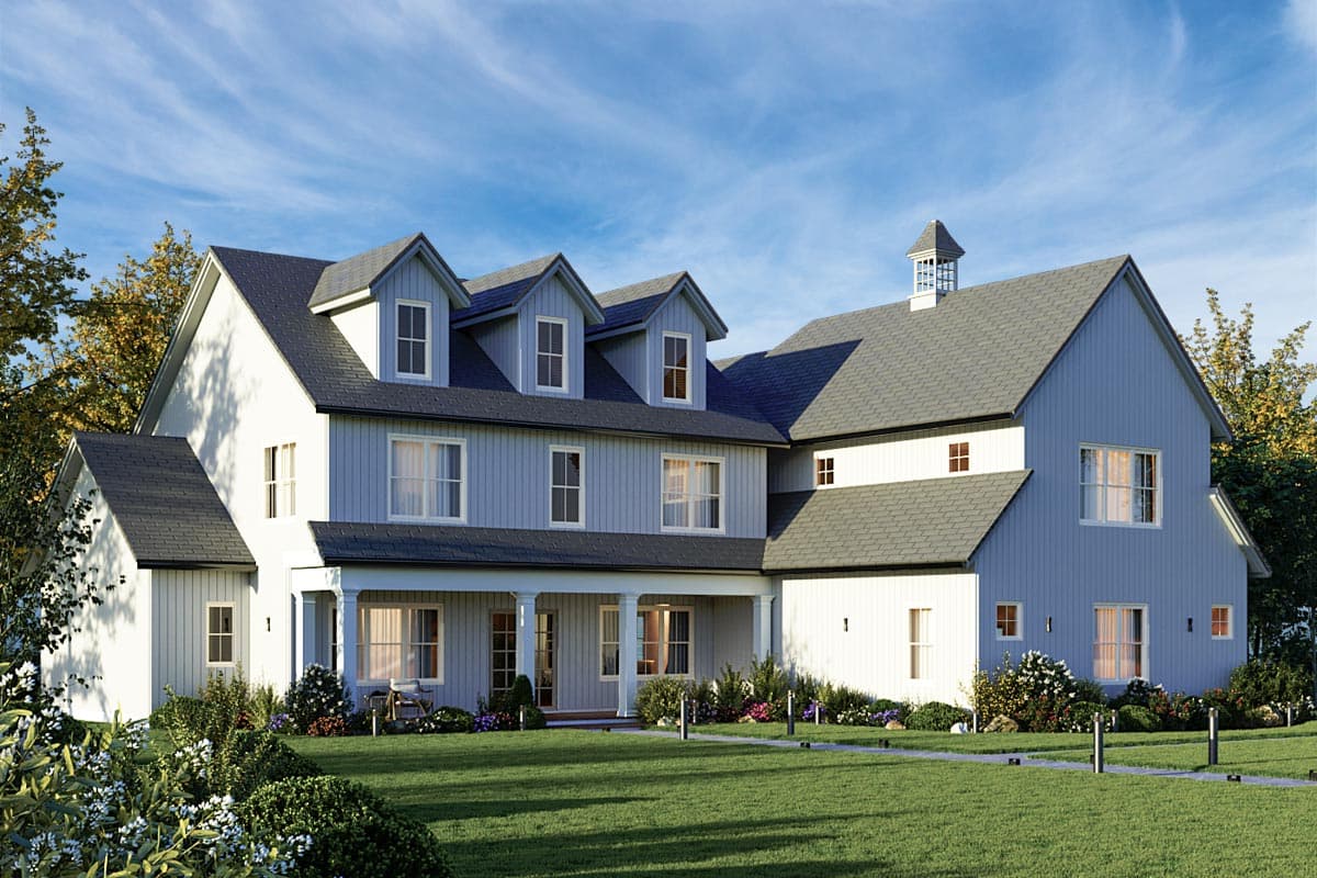 Modern Farmhouse house plan exterior with gabled dormers, a covered front porch, and intersecting rooflines.