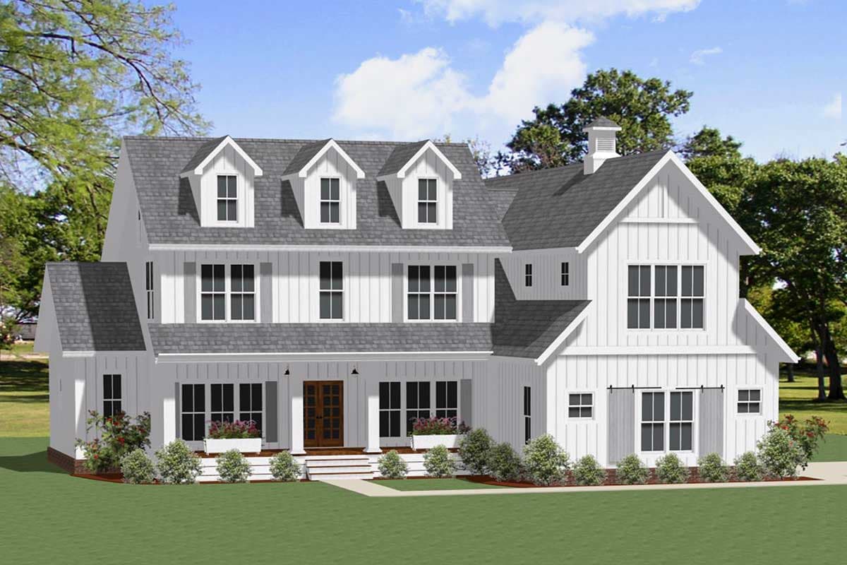 House plan exterior: Modern Farmhouse style, two stories, with dormers, a wraparound porch, and board-and-batten siding.
