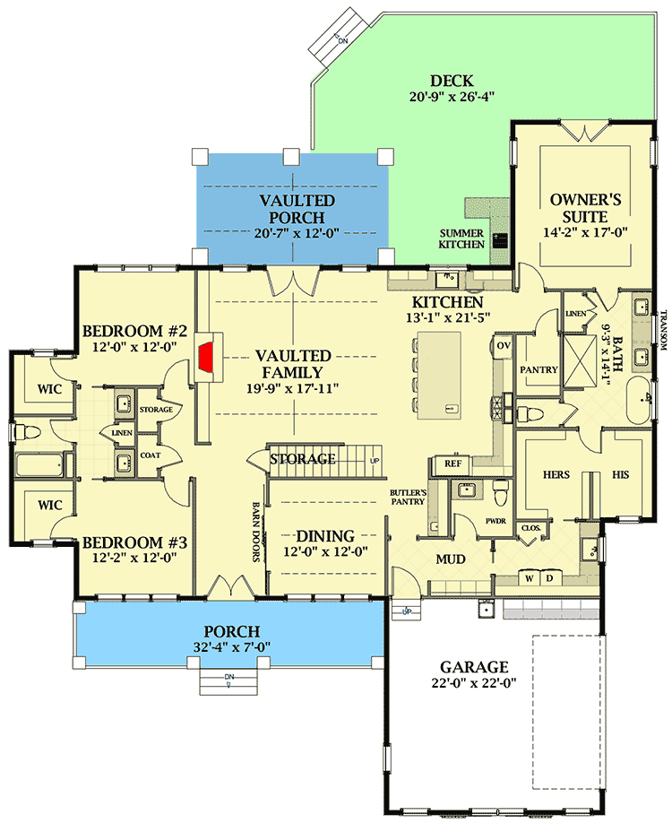 Plan 46376LA: Country Farmhouse Plan with Upstairs Den and Bonus Room - Floor Plan - Main Level - Colonial, Country, Farmhouse, Modern Farmhouse, New American, Southern, Traditional