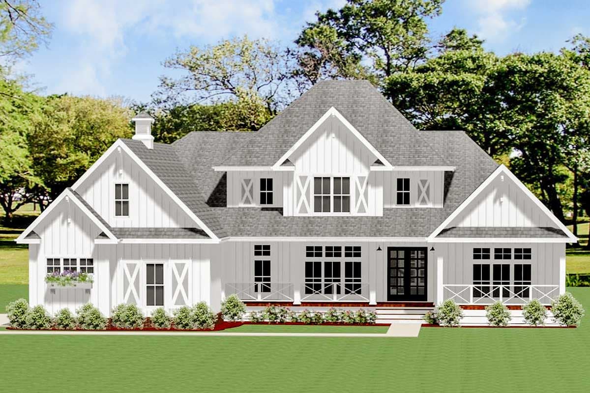 Modern Farmhouse house plan exterior with multiple gables, board-and-batten siding, and a covered front porch.