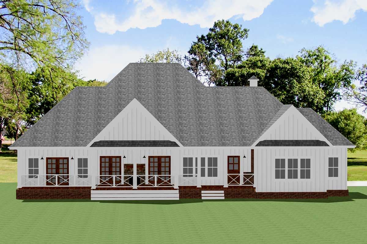 House plan exterior: Modern Farmhouse style, one story, with a wrap-around porch, multiple gables, and brick foundation.