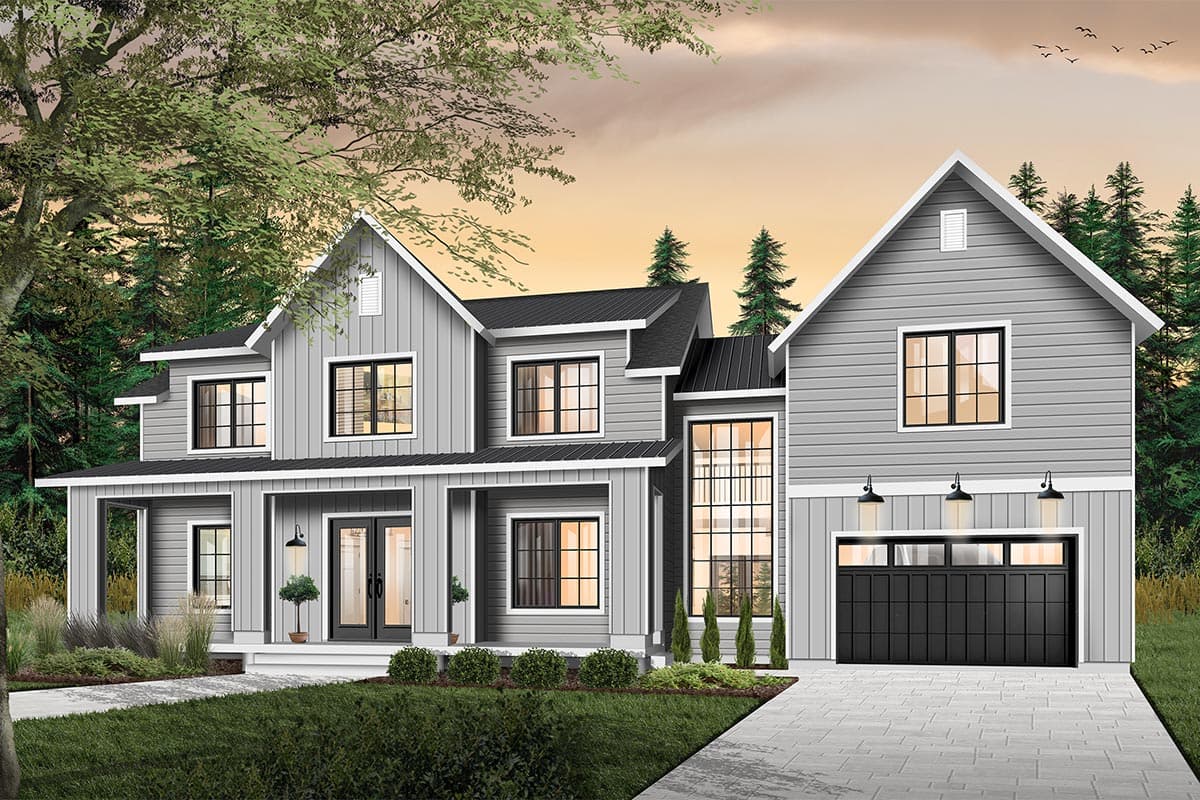 Modern Farmhouse house plan exterior with a covered front porch, gables, and a two-car garage.