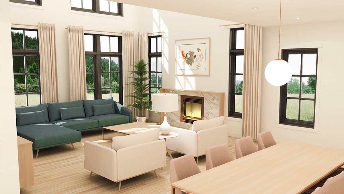Open concept living area with sectional sofa, fireplace, dining table, and large grid windows.