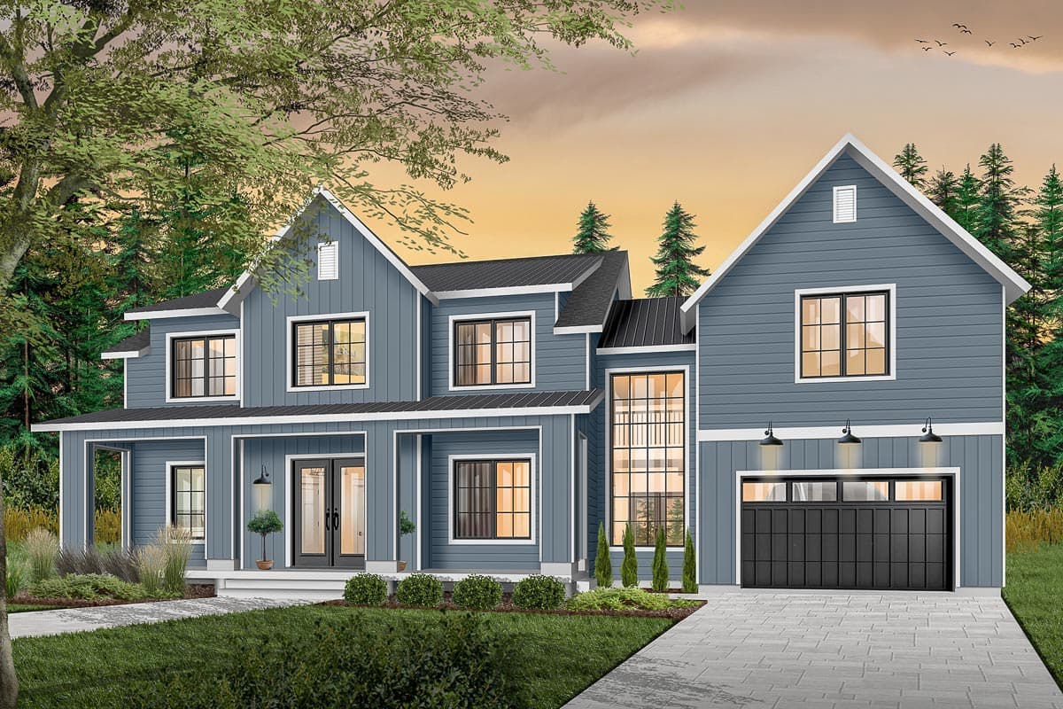 House plan exterior. Modern Farmhouse style with a two-story layout. Features include a front porch, multiple gables, and a garage.