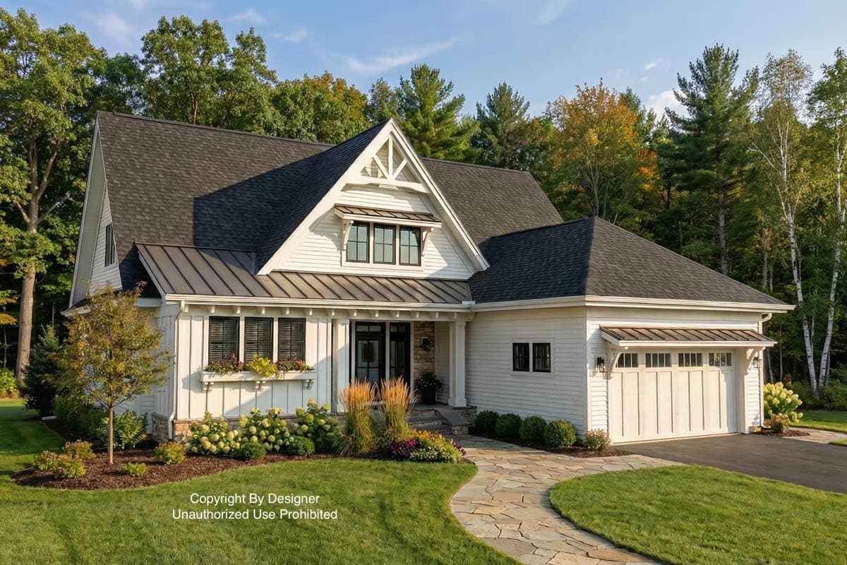 A white house with a dark roof and black window frames is framed by green trees and a stone pathway. Flowers and bushes are in front.
